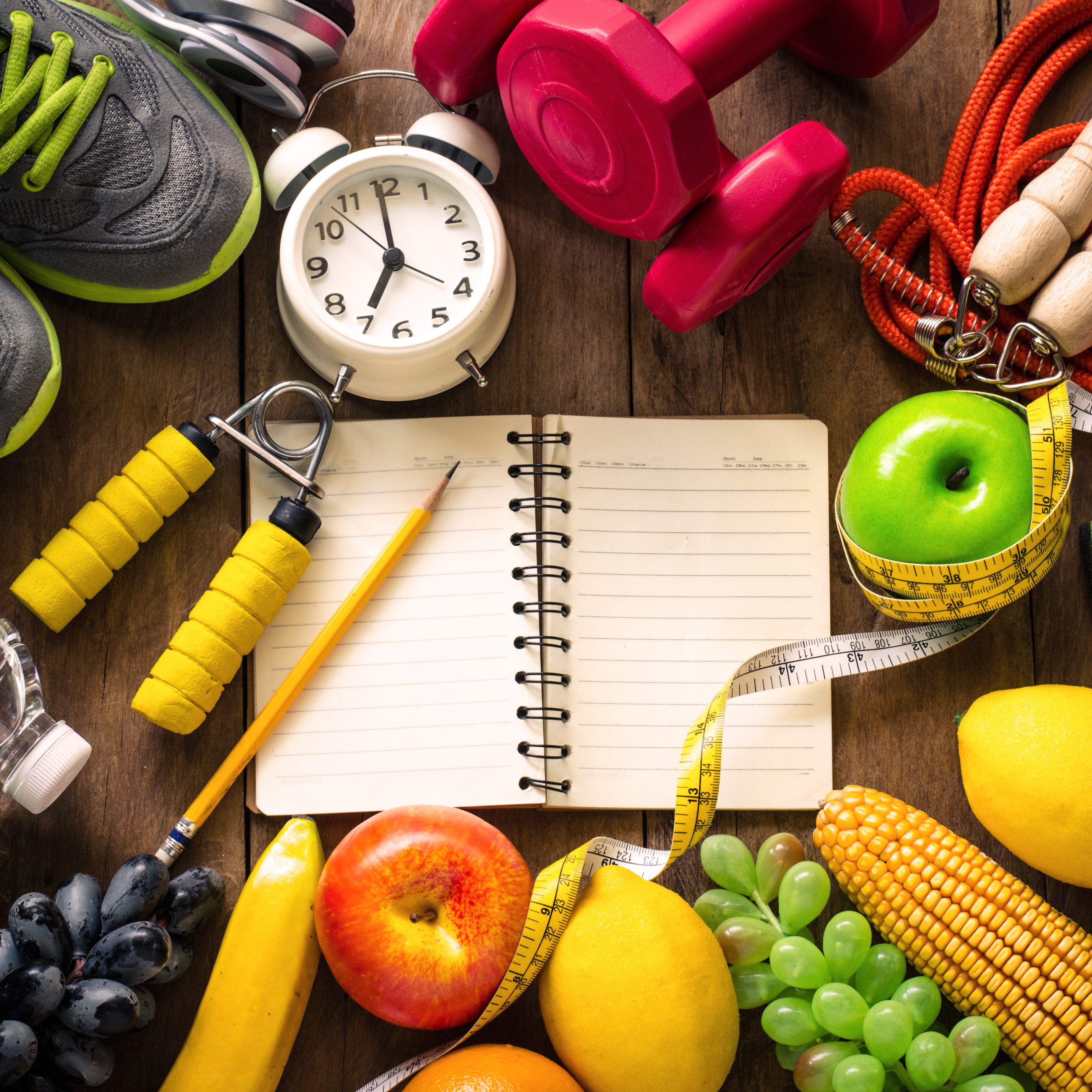 Healthy foods and exercise equipment